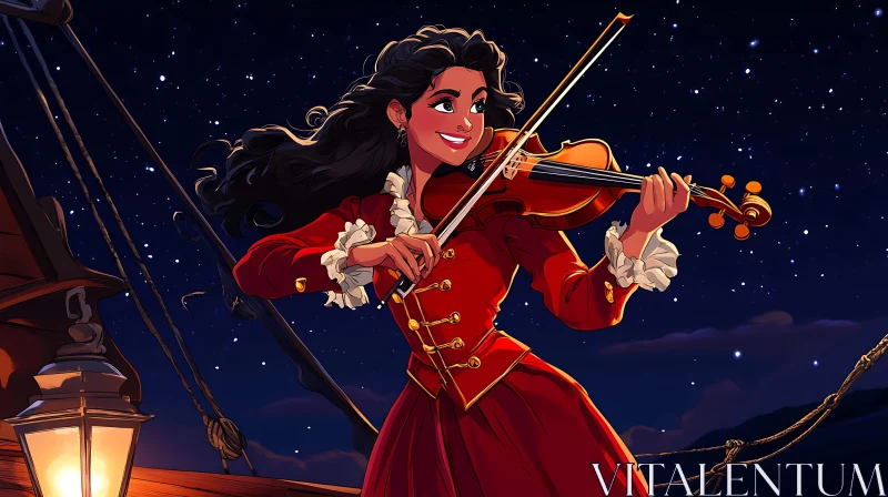 Violinist in Red Coat Under Starry Sky AI Image