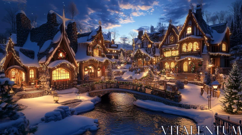 AI ART Twilight Christmas Village Scene