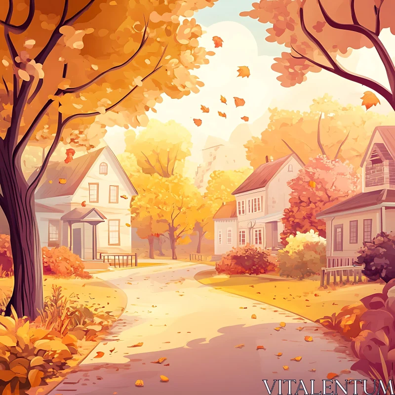 Charming Autumn Street with Colorful Trees and Cozy Homes AI Image