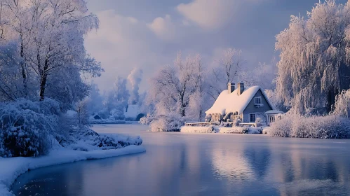 Tranquil Snow-Covered Cottage and Lake