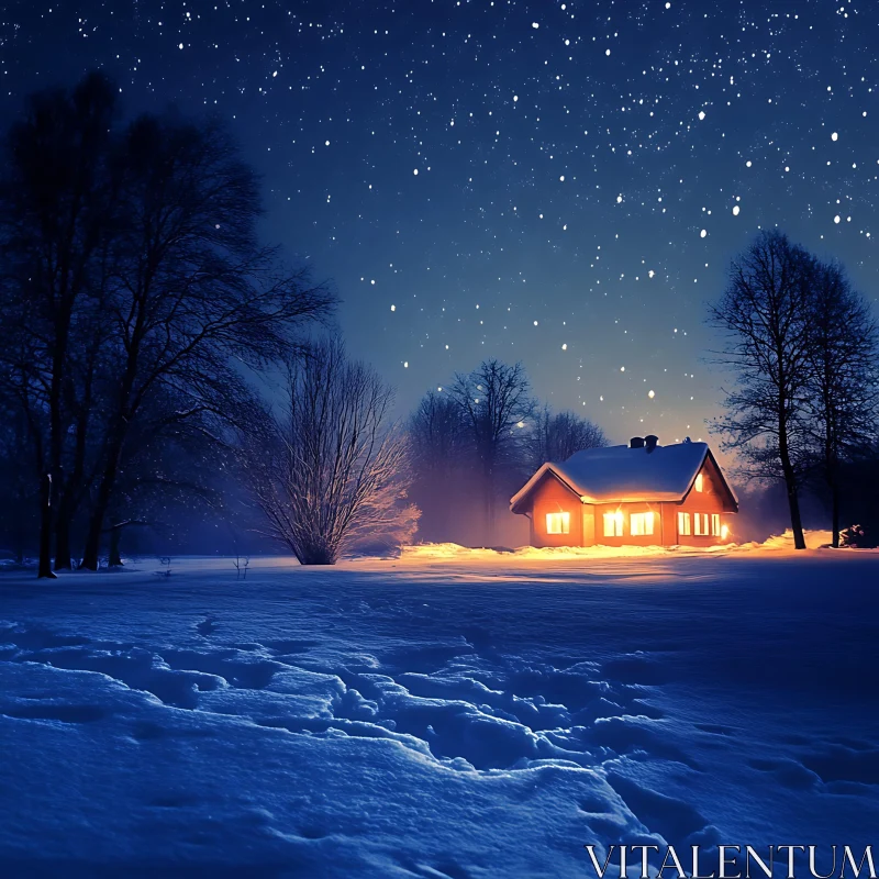 Peaceful Winter Scene with Warmly Lit House AI Image