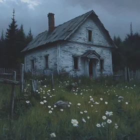 Gloomy Old House with Wildflowers