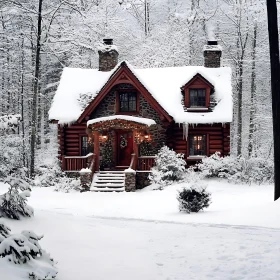 Rustic Log Cabin in Snow with Festive Illumination