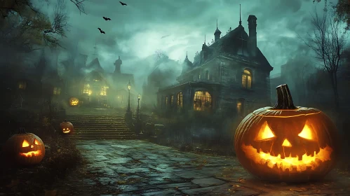 Eerie Night: Jack-o'-Lanterns and Haunted Mansion