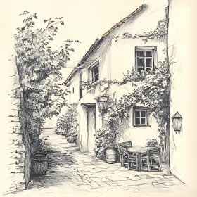 Quaint Monochromatic Alley Sketch