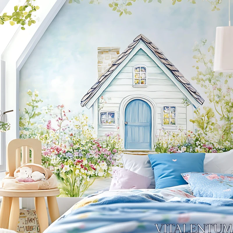 Charming Bedroom with Illustrated Cottage Wall Mural AI Image