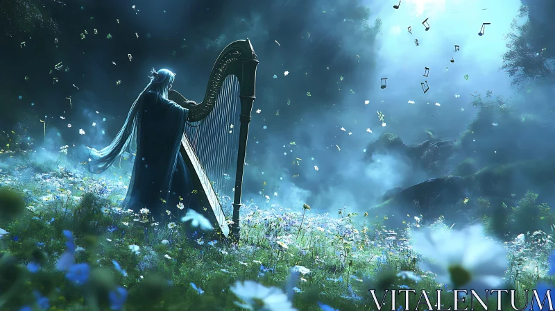 Magical Harp Performance in Dreamlike Meadow AI Image