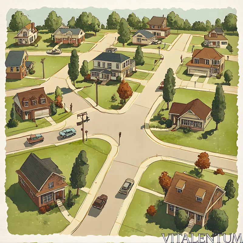 Suburban Aerial Illustration with Houses and Streets AI Image