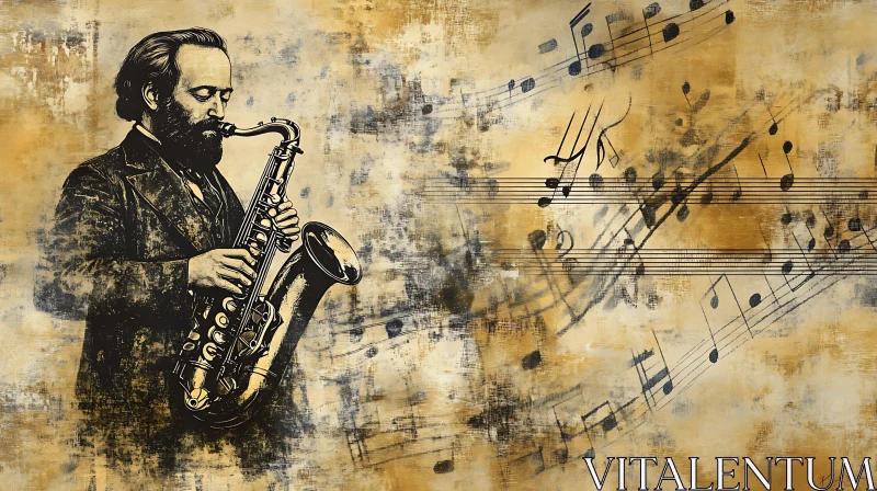 Saxophonist in Sepia Art with Musical Notes AI Image