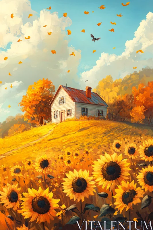 Autumn Cottage with Sunflowers and Falling Leaves AI Image