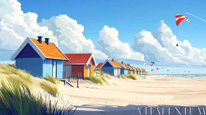 AI ART Serene Beach Scene with Beach Huts and Paragliders