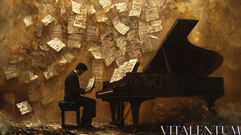 Immersive Musical Scene with Grand Piano and Sheet Music AI Image