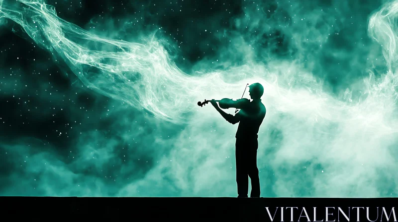 Mystical Violinist Silhouette with Green Aura and Night Sky AI Image