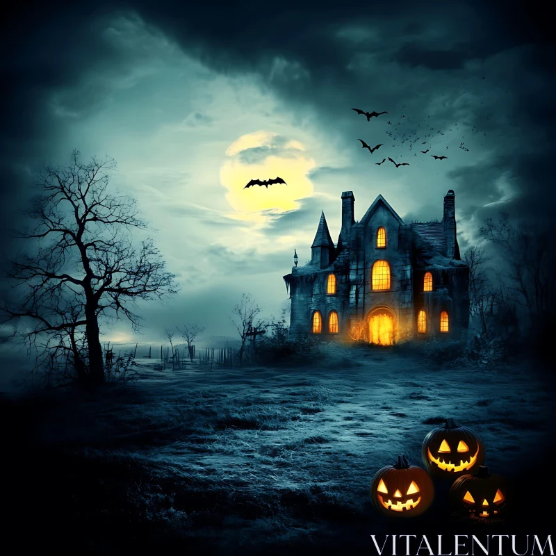 Eerie Haunted House with Jack-o-Lanterns AI Image