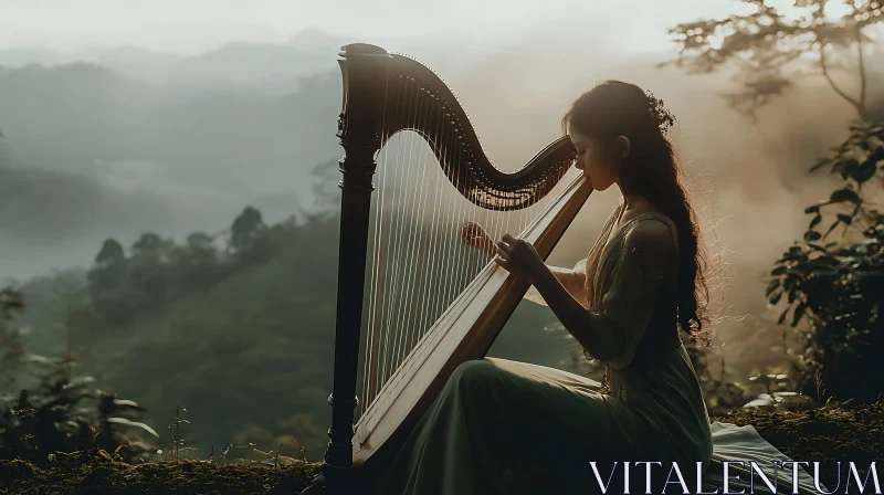 Harpist in Misty Sunrise AI Image