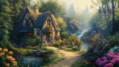 Picturesque Cottage Surrounded by Blooming Gardens