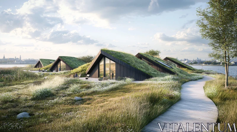 AI ART Green-Roofed Homes by the River