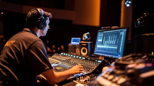 Audio Engineer Operating Mixing Console in Studio