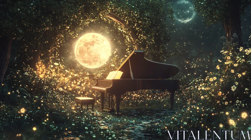 Enchanted Piano in Moonlit Forest AI Image