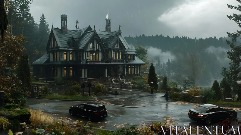 Mystical Gothic Mansion with Cars AI Image