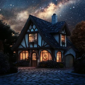 Fairytale Cottage with Illuminated Windows under Night Sky