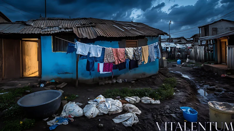 Moody Evening in an Urban Slum with Hanging Clothes AI Image