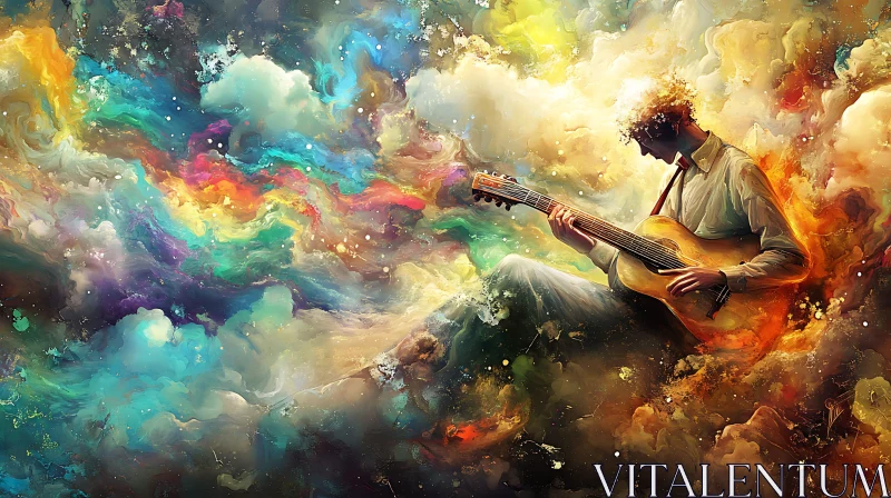 Dreamlike Guitarist Amongst Vibrant Clouds AI Image