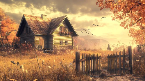 Autumn Scene with Wooden Cabin