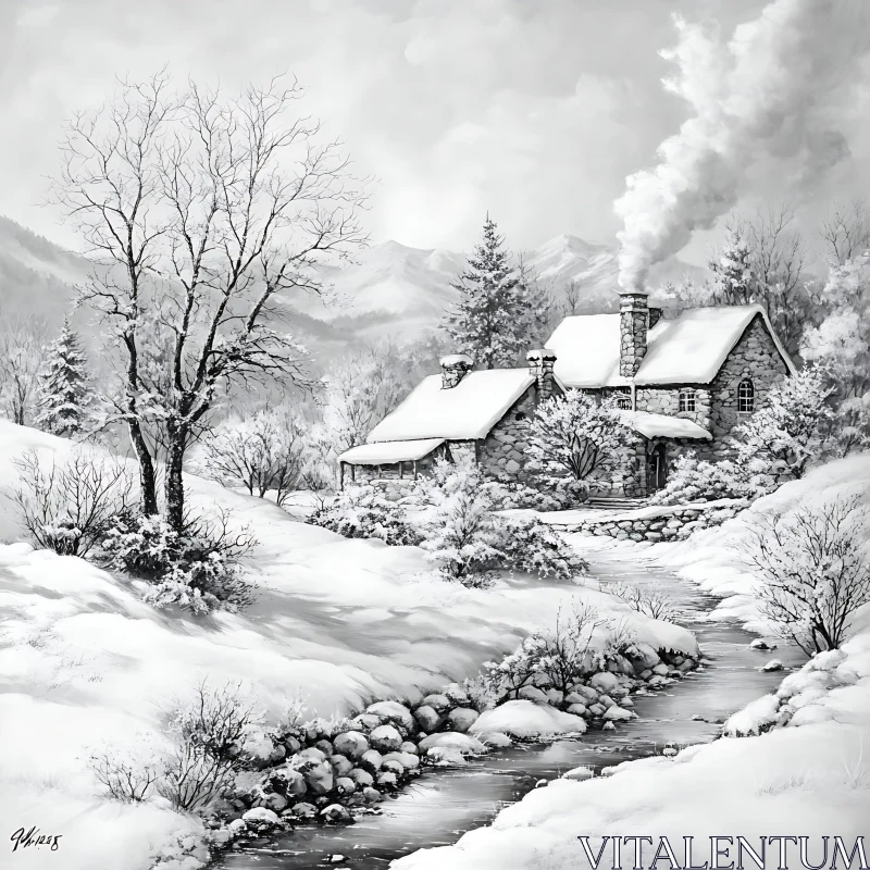 Snow-Covered Forest with Quaint Stone Cottage AI Image