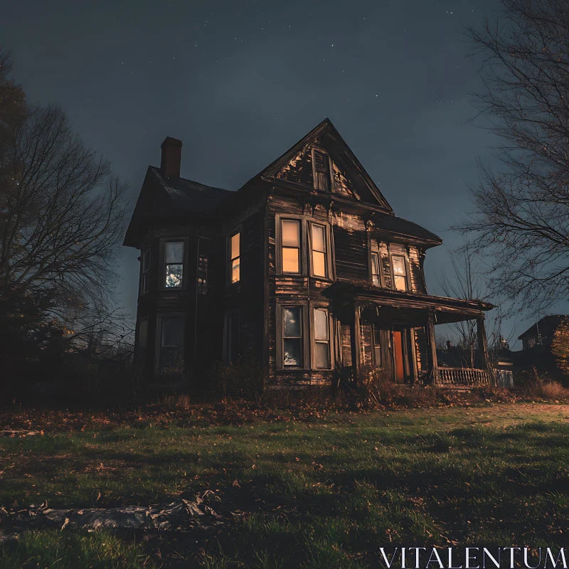 Spooky Abandoned House at Night AI Image