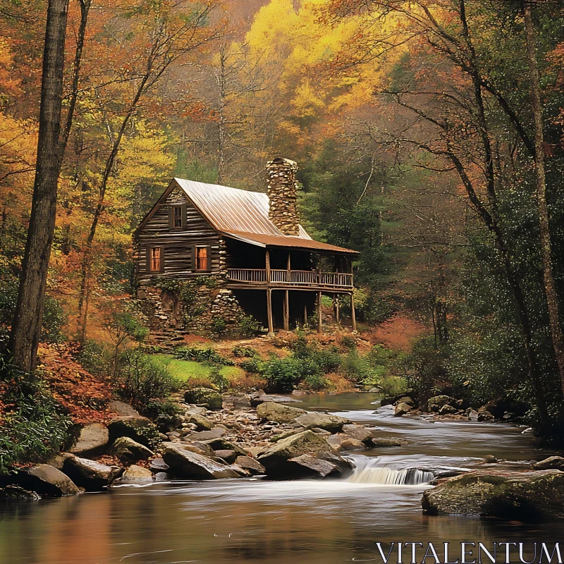 Stone and Wood Cabin Near a Stream with Fall Foliage AI Image