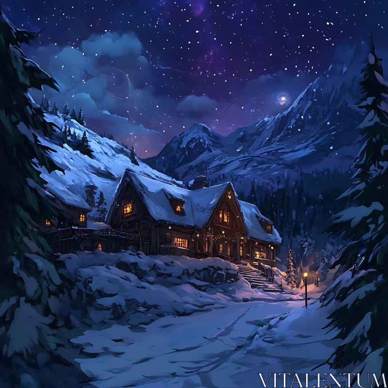 Whimsical Snowy Mountainside Cabin Amidst Starry Night AI Image