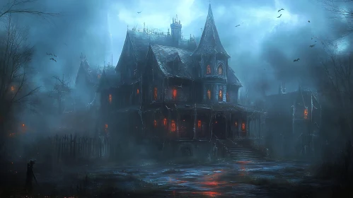 Foggy Night with Haunted Gothic Mansion