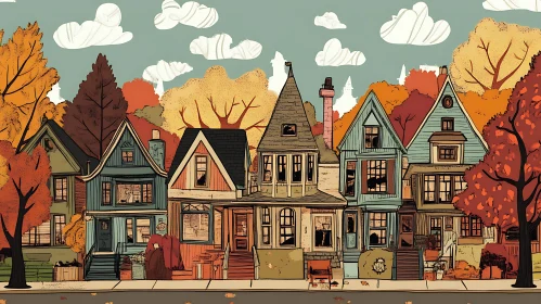 Autumnal Illustration of Quaint Colorful Houses