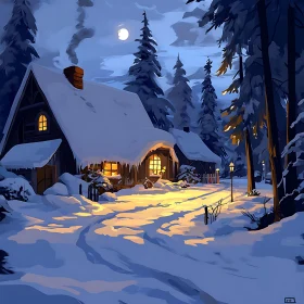 Snowy Cabin at Night Amidst Winter Woods