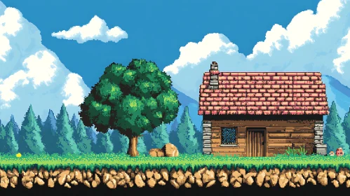 Log Cabin in Green Forest - Pixel Illustration