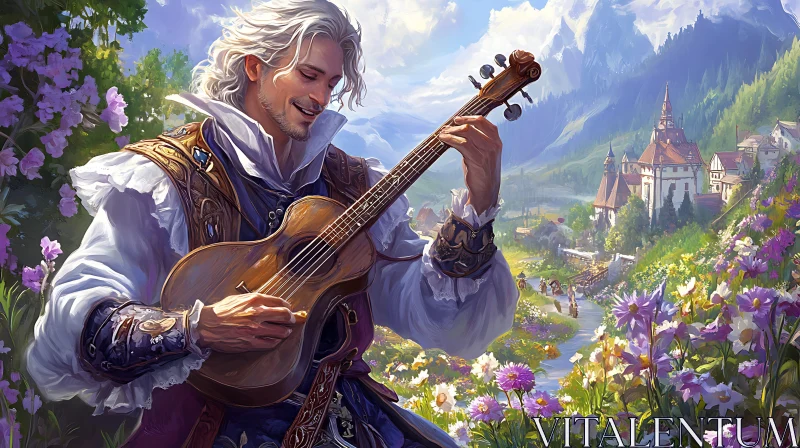 Historic Guitarist in Blooming Field near Village AI Image