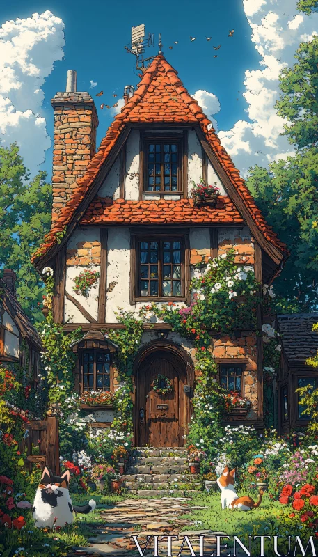 Scenic Cottage with Cats and Garden AI Image