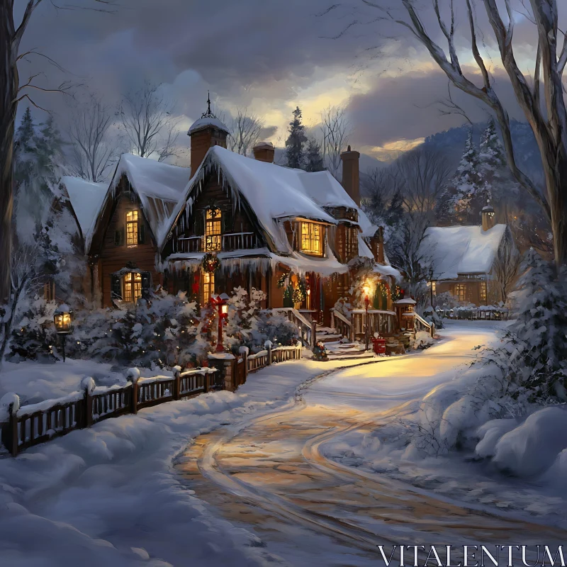 Snow-Laden Cottage with Festive Decorations and Warm Lights AI Image