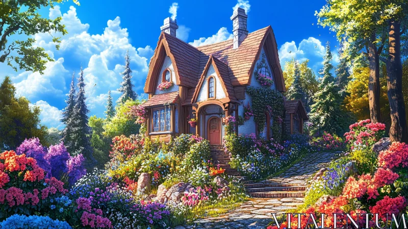 Quaint Cottage Amid Blooming Garden Paradise AI Image