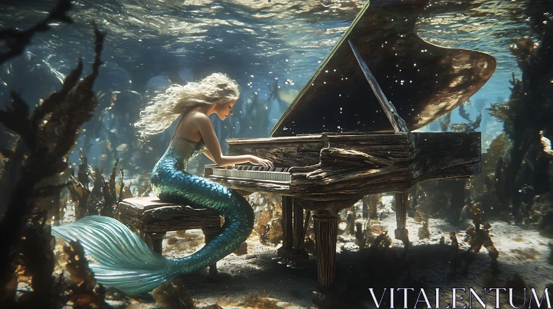 Mystical Mermaid Performing a Piano Melody Underwater AI Image