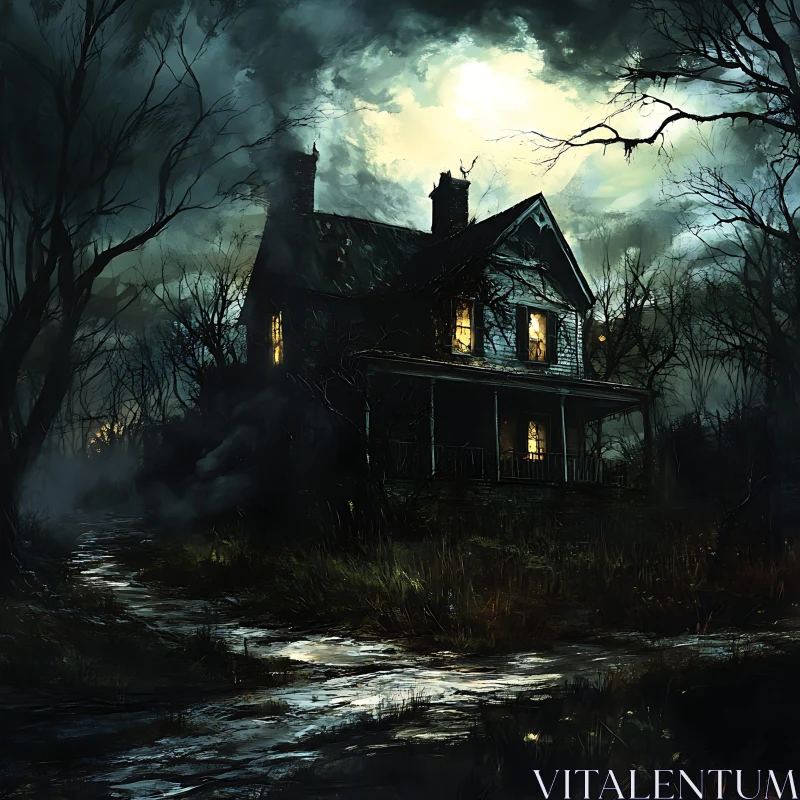 Eerie Haunted House in a Gloomy Forest AI Image