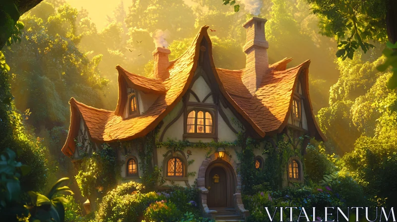 Whimsical Forest Cottage at Golden Hour AI Image