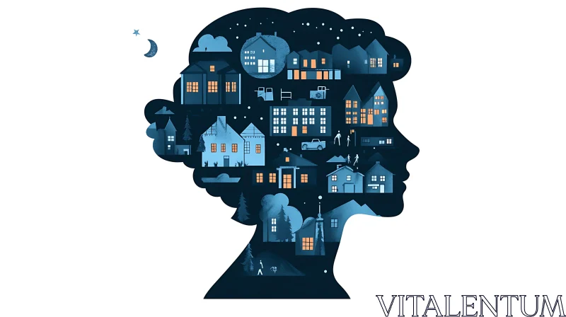 Creative Human Head Silhouette with Nighttime Buildings AI Image