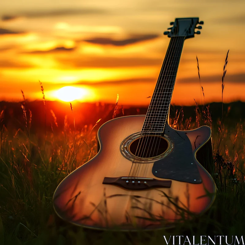 Guitar in the Sunset Field AI Image