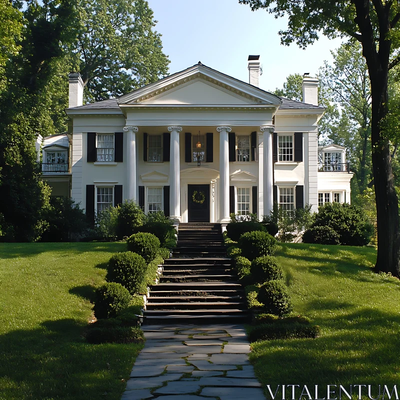 Stunning Colonial House with Lush Greenery AI Image