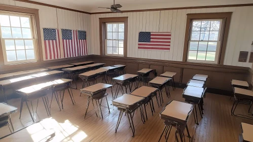 Sunlit Classroom Interior with Desks and Flags