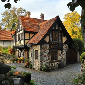 Idyllic Autumn Cottage with Quaint Cobblestone Path