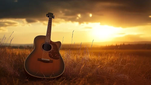 Guitar in Golden Sunset Field