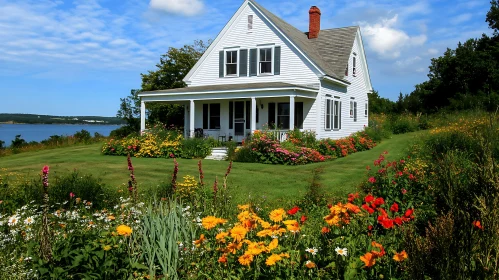 White Cottage with Vibrant Flower Garden